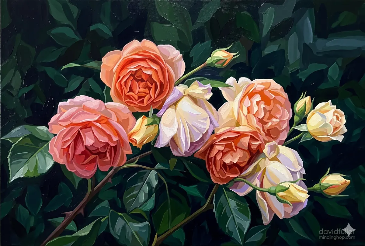 Peach Roses Dark Leaves