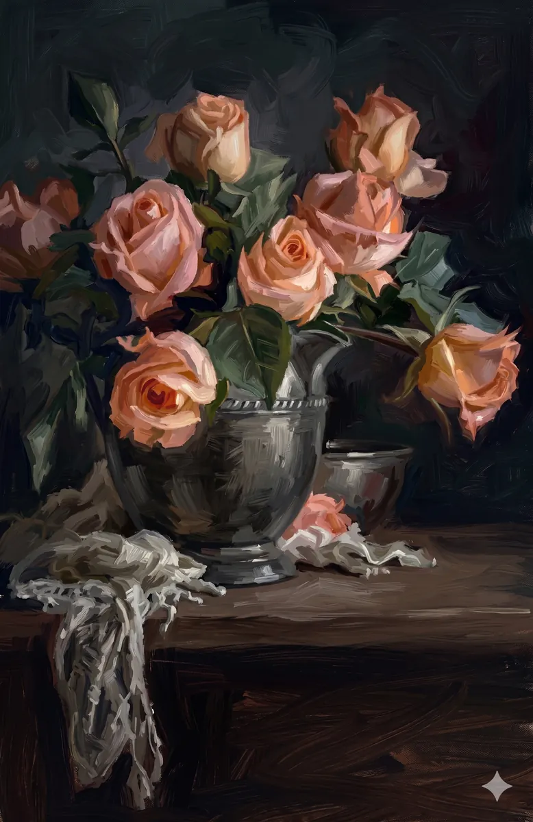 Peach Roses Dark Still Life