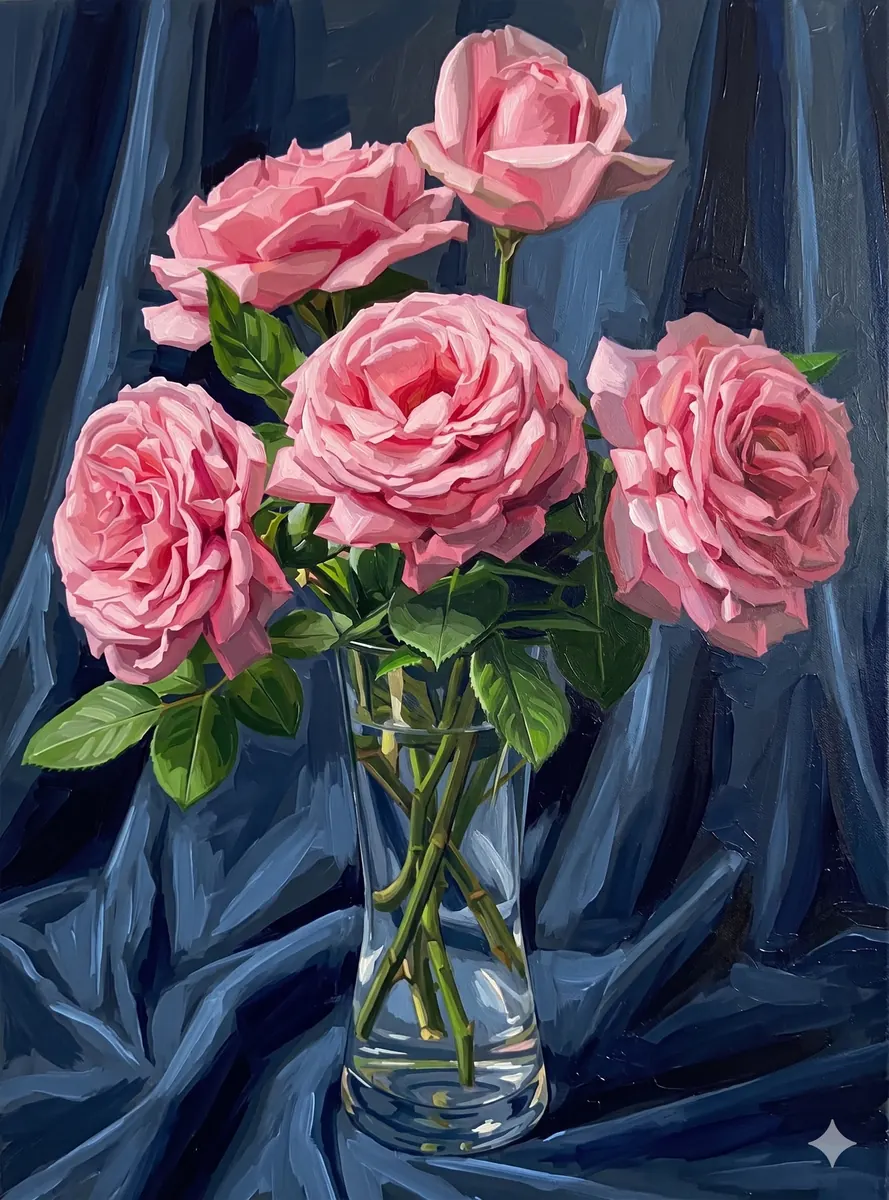Pink Roses Blue Drape