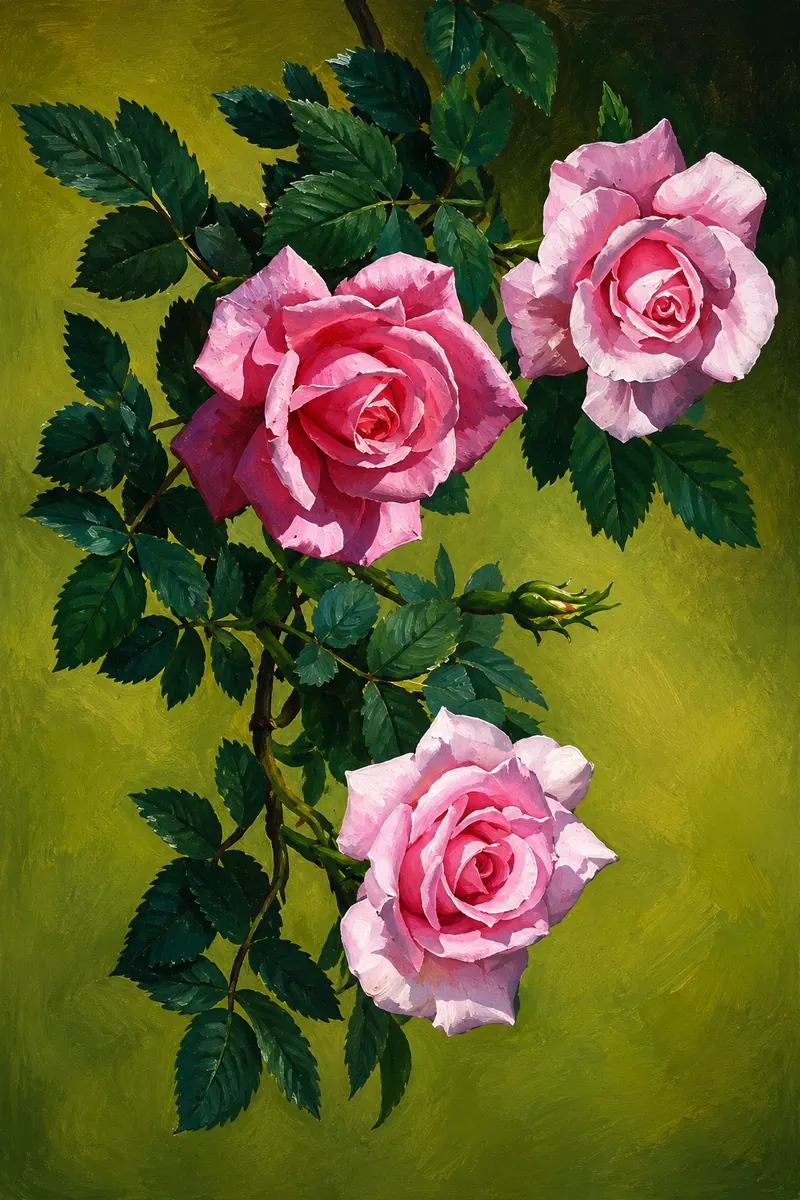 Pink Roses Green Wall