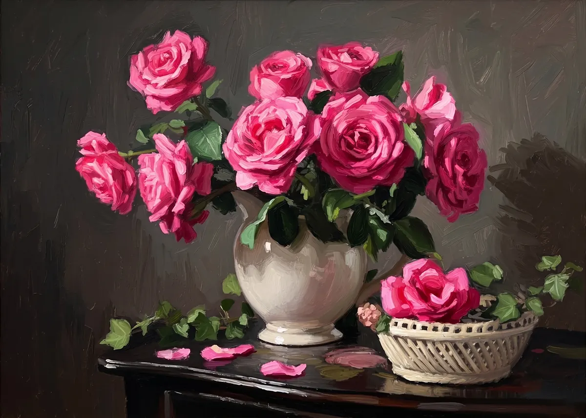 Pink Roses White Vase